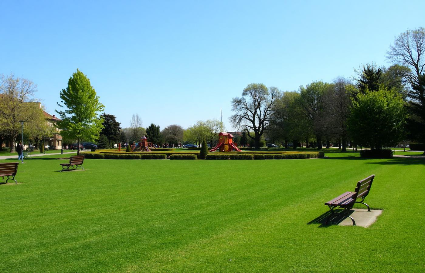 Udržovaný městský park s posekaným trávníkem